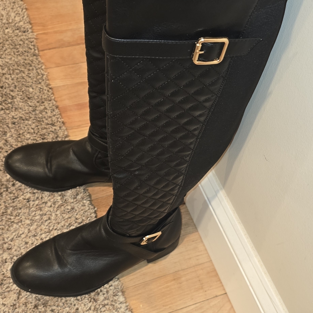 Quilted Over‑The‑Knee Boot with Gold Buckle - Black